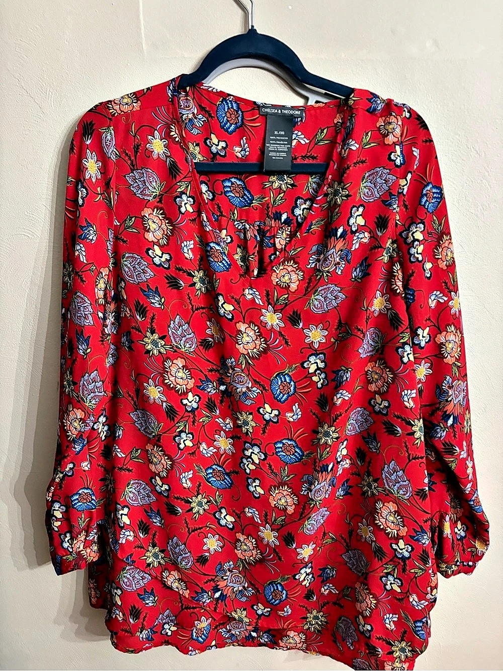 Chelsea & Theodore Red Floral Long-Sleeve Blouse, Red & Blue, XL